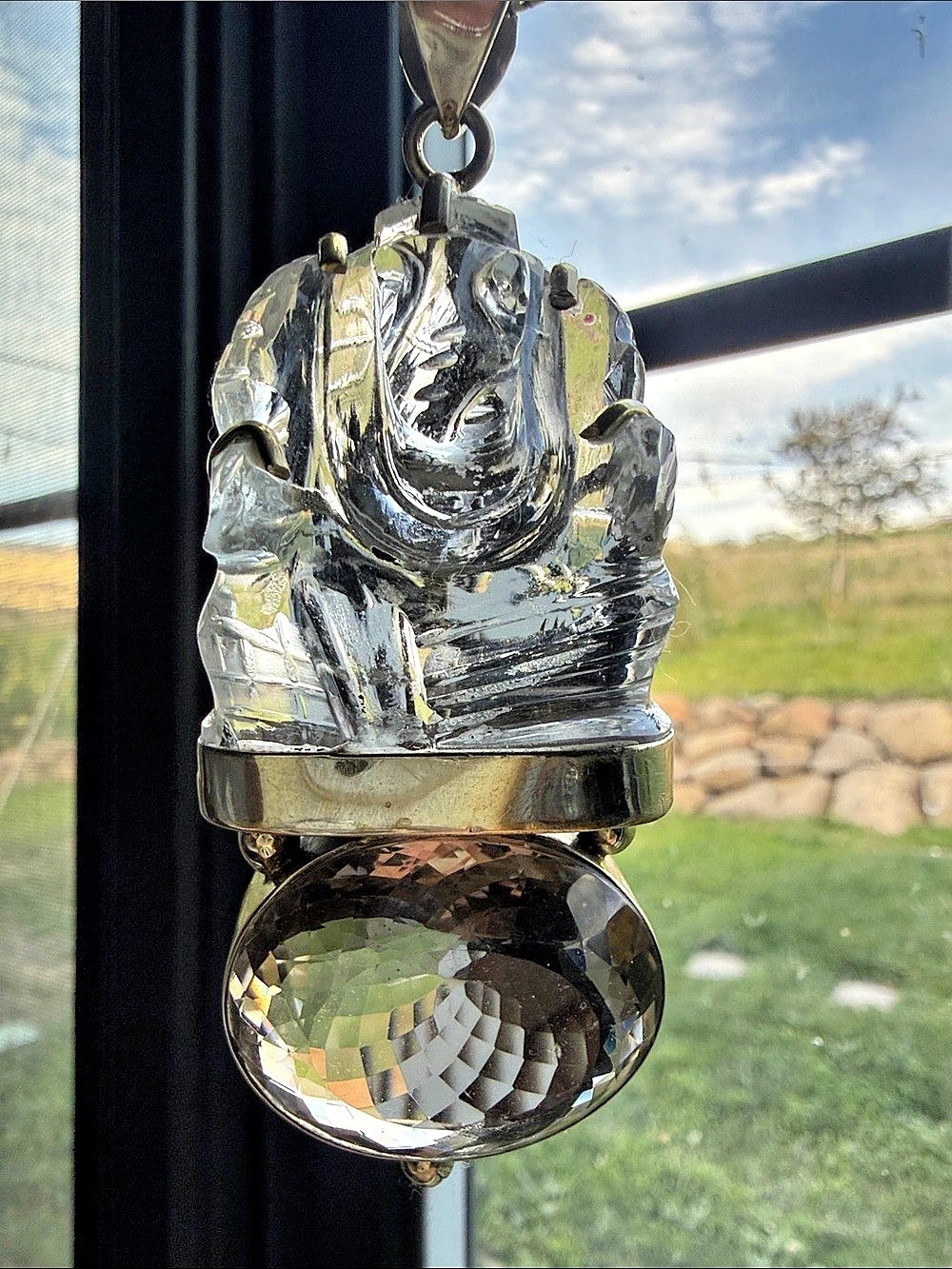 Carved Ganesh Pendant Necklace in Silver & Smokey Quartz